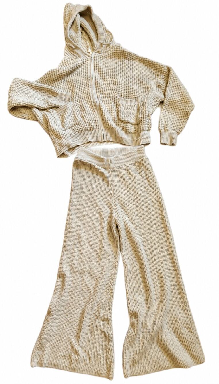 Sincerely Jules Waffle Knit 2 Piece Cream Hoodie Wide Leg Pants Set Medium VGUC